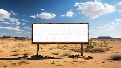 Desert, mockup space and advertising billboard, commercial product or logo design in dry countryside. Empty poster for brand marketing, multimedia and communication for broadcast, banner and outdoor