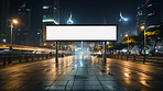 Buildings, night or mockup for advertising billboard, commercial product or logo design in city. Empty poster for brand marketing, multimedia or communication space with announcement, urban or banner