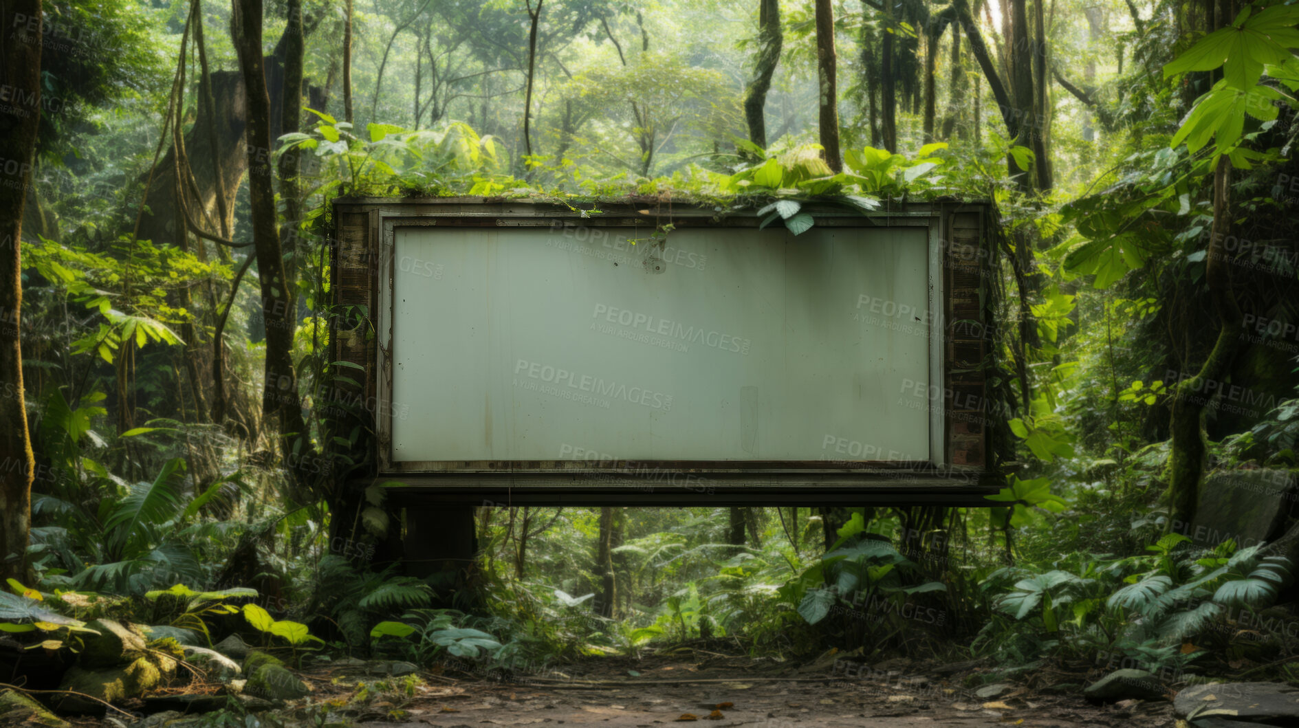 Buy stock photo Forest, mockup space and advertising billboard for ecology logo design, climate change and sustainability nature product. Empty poster for marketing, woods and jungle announcement for earth day help