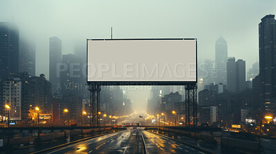 City street, mockup space and advertising billboard, commercial product or logo design in urban area. Empty poster for brand marketing, multimedia and communication with announcement, town and banner