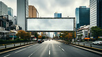 City street, mockup space and advertising billboard, commercial product or logo design in urban area. Empty poster for brand marketing, multimedia and communication with announcement, town and banner