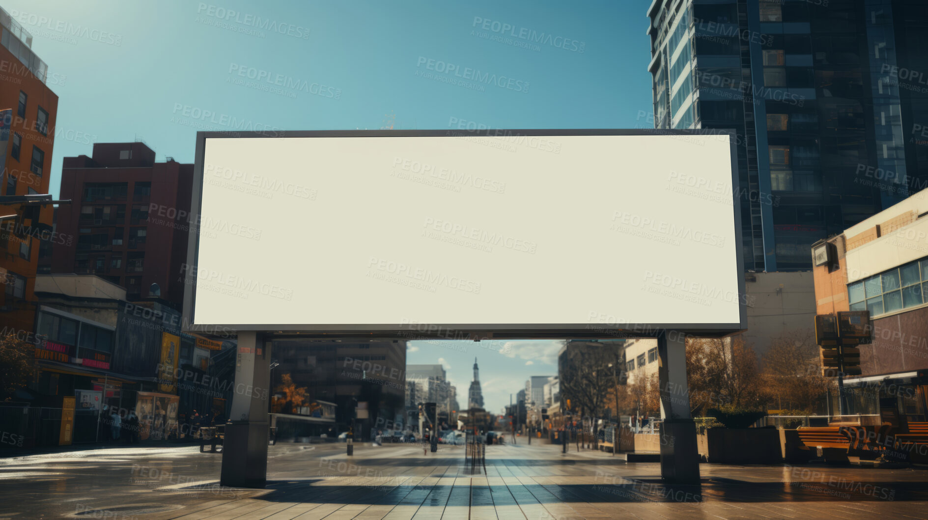 Buy stock photo City street, mockup space and advertising billboard, commercial product or logo design in urban area. Empty poster for brand marketing, multimedia and communication with announcement, town and banner