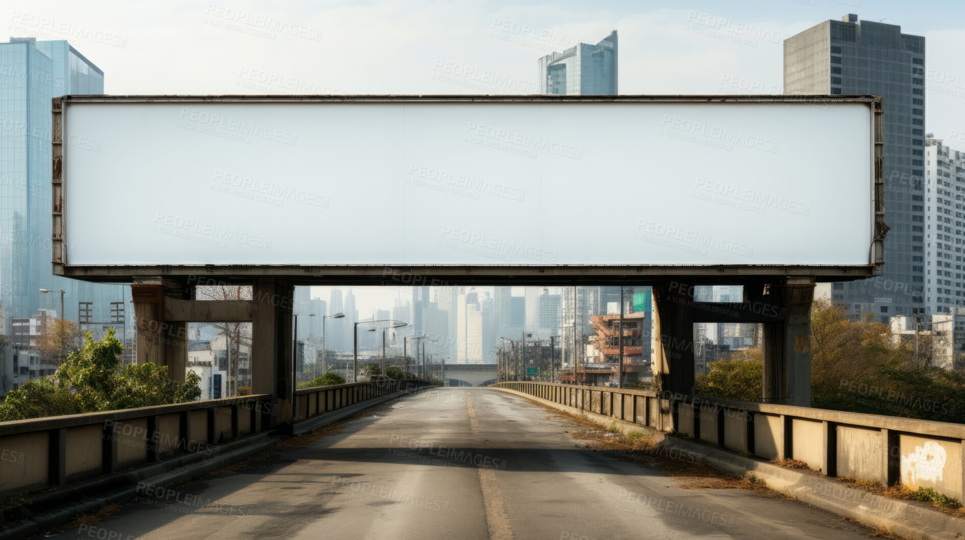 Buy stock photo City street, mockup space and advertising billboard, commercial product or logo design in urban area. Empty poster for brand marketing, multimedia and communication with announcement, town and banner