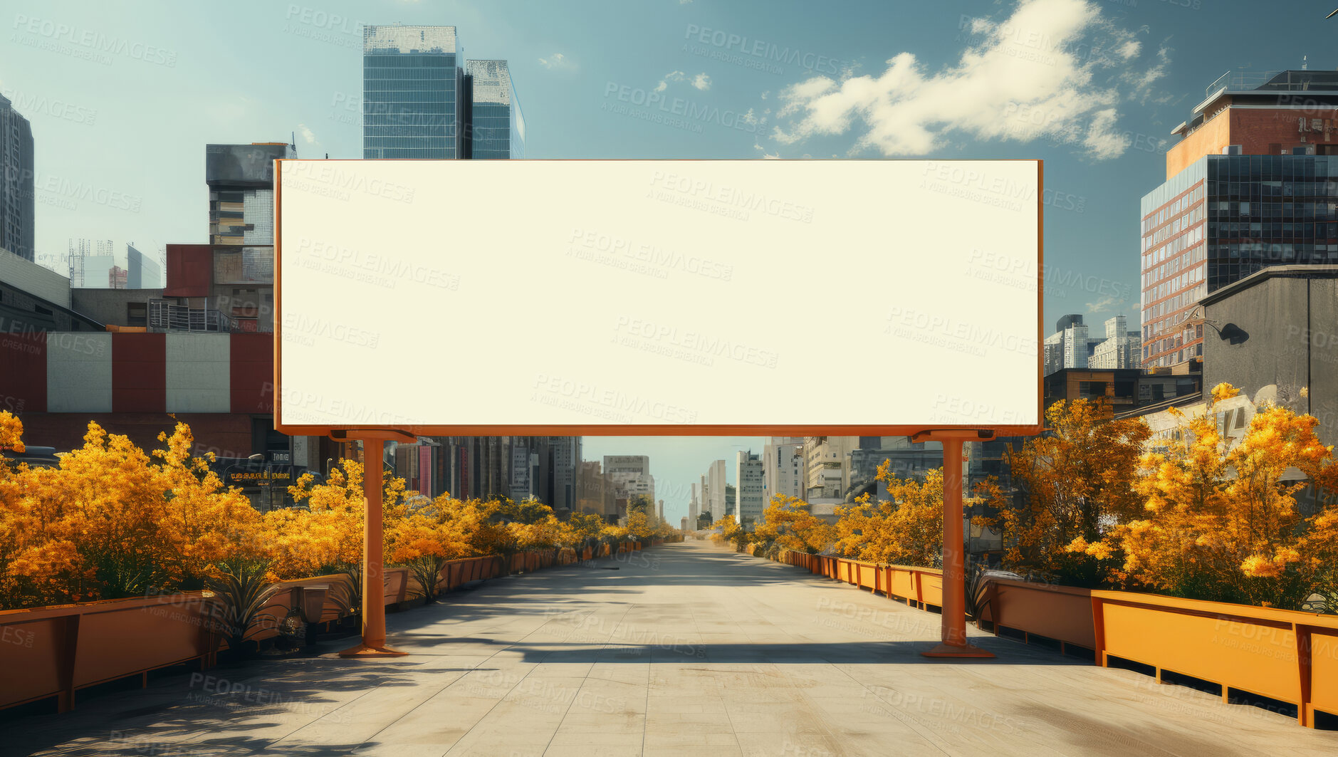 Buy stock photo City street, mockup space and advertising billboard, commercial product or logo design in urban area. Empty poster for brand marketing, multimedia and communication with announcement, town and banner