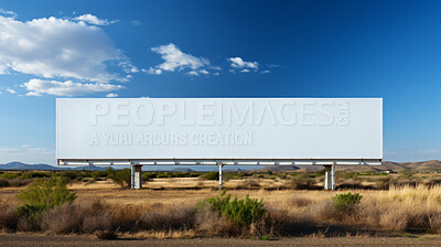 Highway, mockup space and advertising billboard, commercial product or logo design in desert area. Empty poster for brand marketing, multimedia and communication with announcement, town and banner