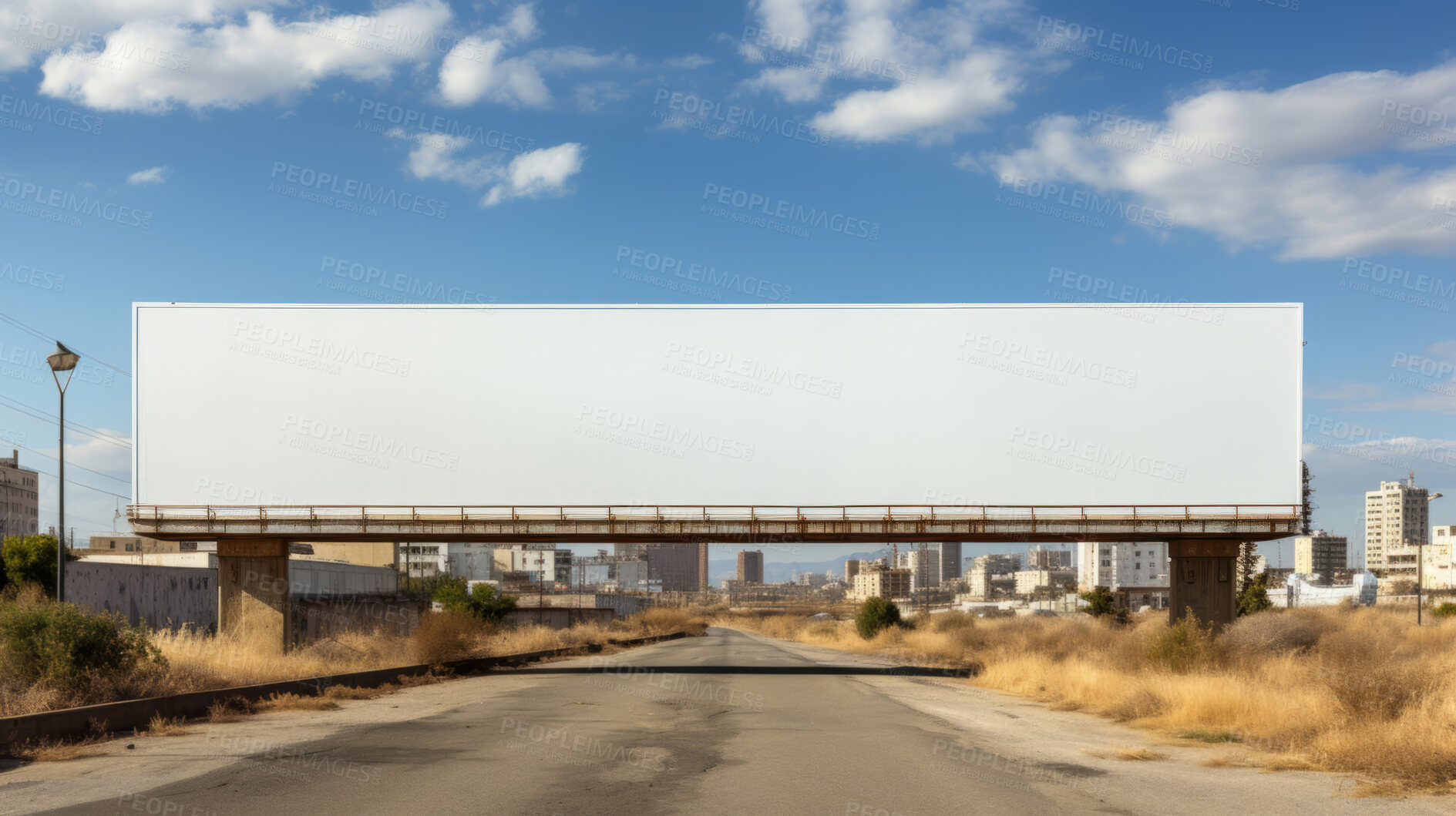 Buy stock photo Highway, mockup space and advertising billboard, commercial product or logo design in desert area. Empty poster for brand marketing, multimedia and communication with announcement, town and banner