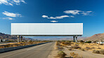 Highway, mockup space and advertising billboard, commercial product or logo design in desert area. Empty poster for brand marketing, multimedia and communication with announcement, town and banner