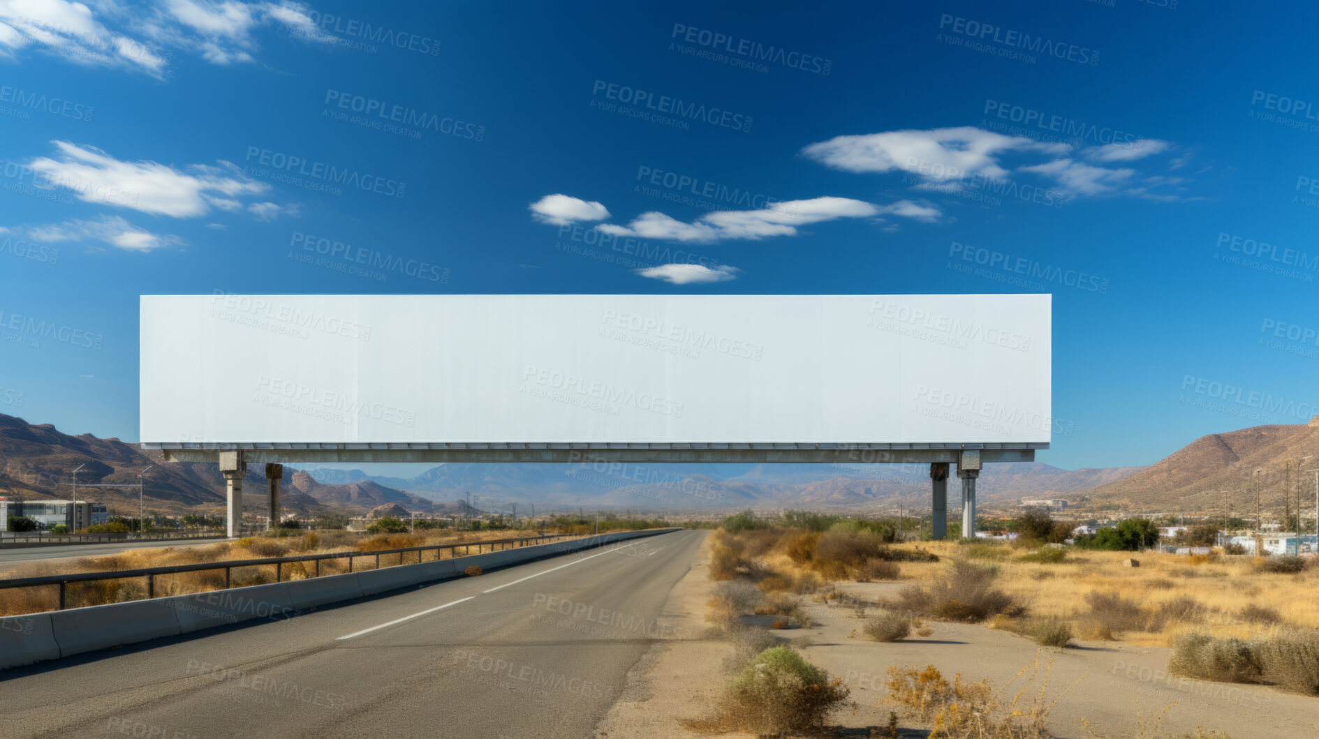 Buy stock photo Highway, mockup space and advertising billboard, commercial product or logo design in desert area. Empty poster for brand marketing, multimedia and communication with announcement, town and banner