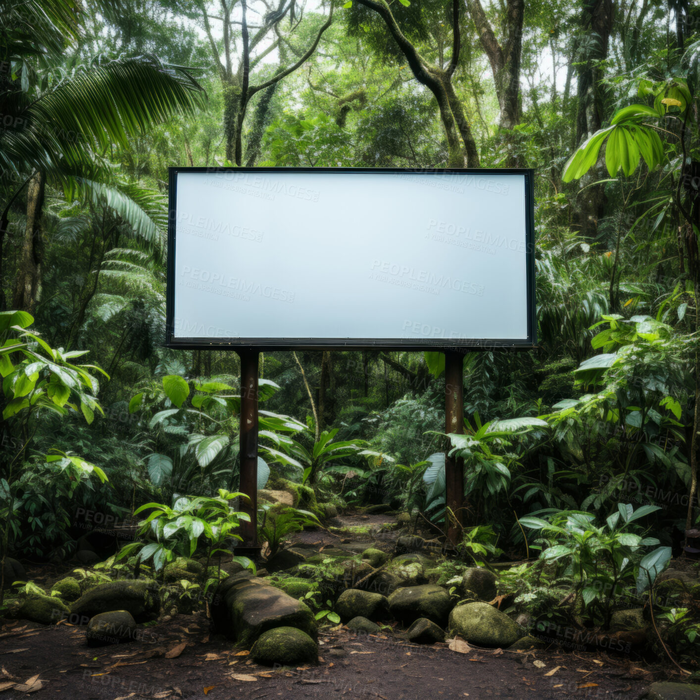 Buy stock photo Forest, mockup space and advertising billboard for ecology logo design, climate change and sustainability nature product. Empty poster for marketing, woods and jungle announcement for earth day help