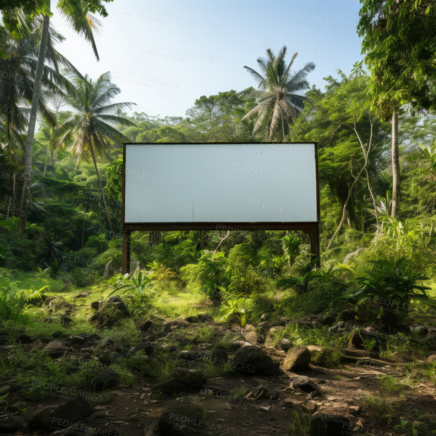 Buy stock photo Forest, mockup space and advertising billboard for ecology logo design, climate change and sustainability nature product. Empty poster for marketing, woods and jungle announcement for earth day help