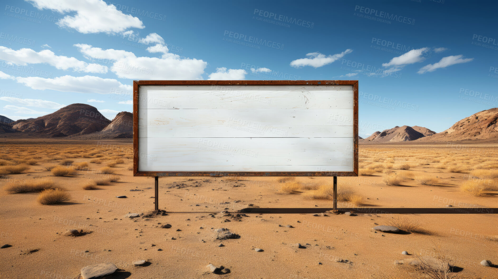 Buy stock photo Desert, mockup space and advertising billboard, commercial product or logo design in dry countryside. Empty poster for brand marketing, multimedia and communication for broadcast,  banner and outdoor