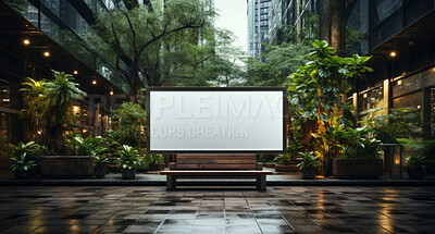 Trees, mockup space and advertising billboards, commercial product or logo design in city garden. Empty posters for brand marketing, multimedia and communication with announcement, urban and banner.