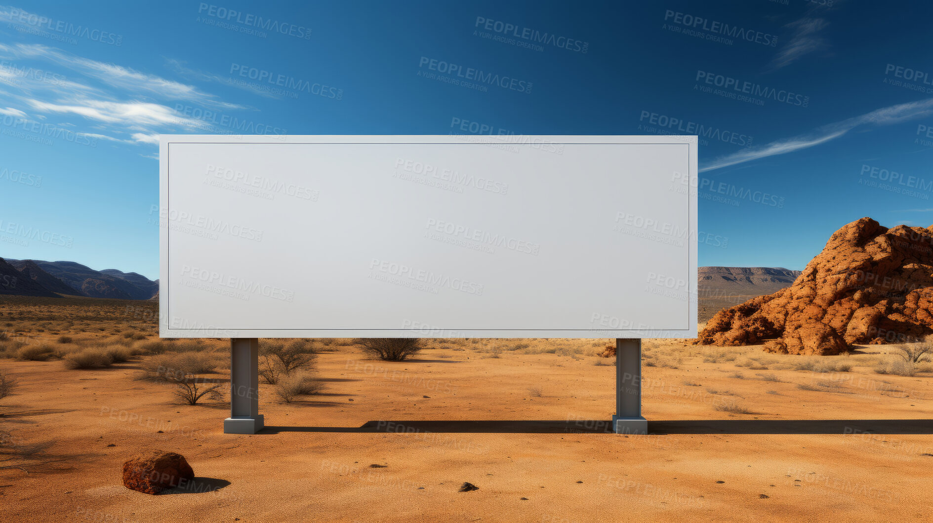 Buy stock photo Desert, mockup space and advertising billboard, commercial product or logo design in dry countryside. Empty poster for brand marketing, multimedia and communication for broadcast,  banner and outdoor