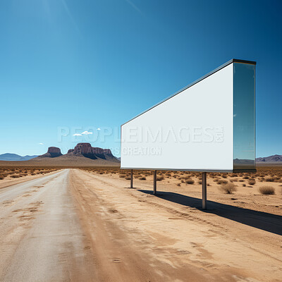 Desert, mockup space and advertising billboard, commercial product or logo design in dry countryside. Empty poster for brand marketing, multimedia and communication for broadcast, banner and outdoor