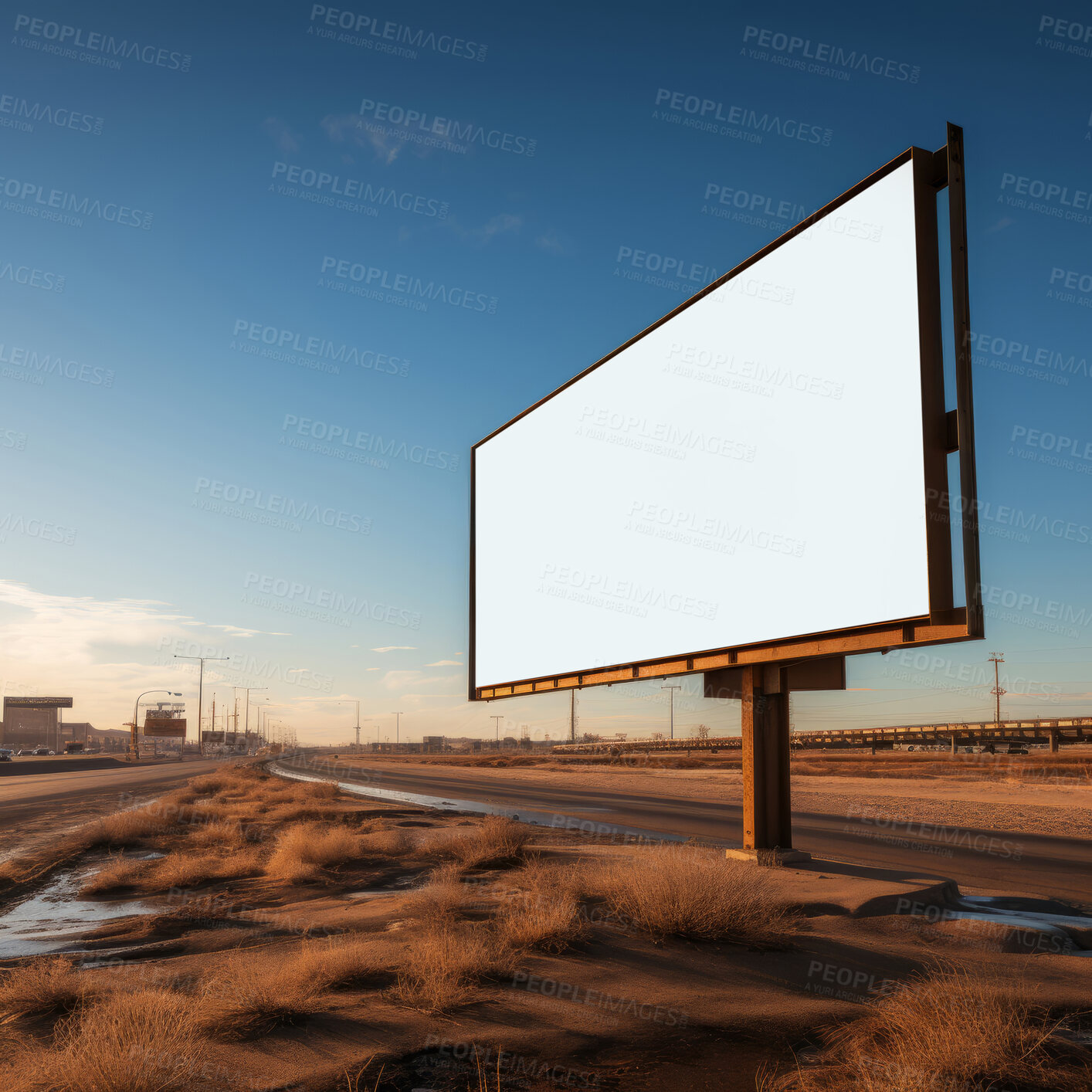 Buy stock photo Desert, mockup space and advertising billboard, commercial product or logo design in dry countryside. Empty poster for brand marketing, multimedia and communication for broadcast,  banner and outdoor