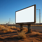Desert, mockup space and advertising billboard, commercial product or logo design in dry countryside. Empty poster for brand marketing, multimedia and communication for broadcast,  banner and outdoor