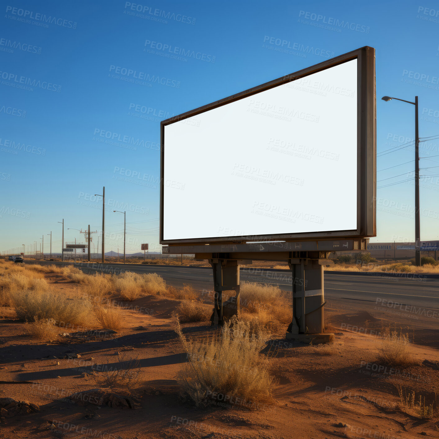 Buy stock photo Desert, mockup space and advertising billboard, commercial product or logo design in dry countryside. Empty poster for brand marketing, multimedia and communication for broadcast,  banner and outdoor