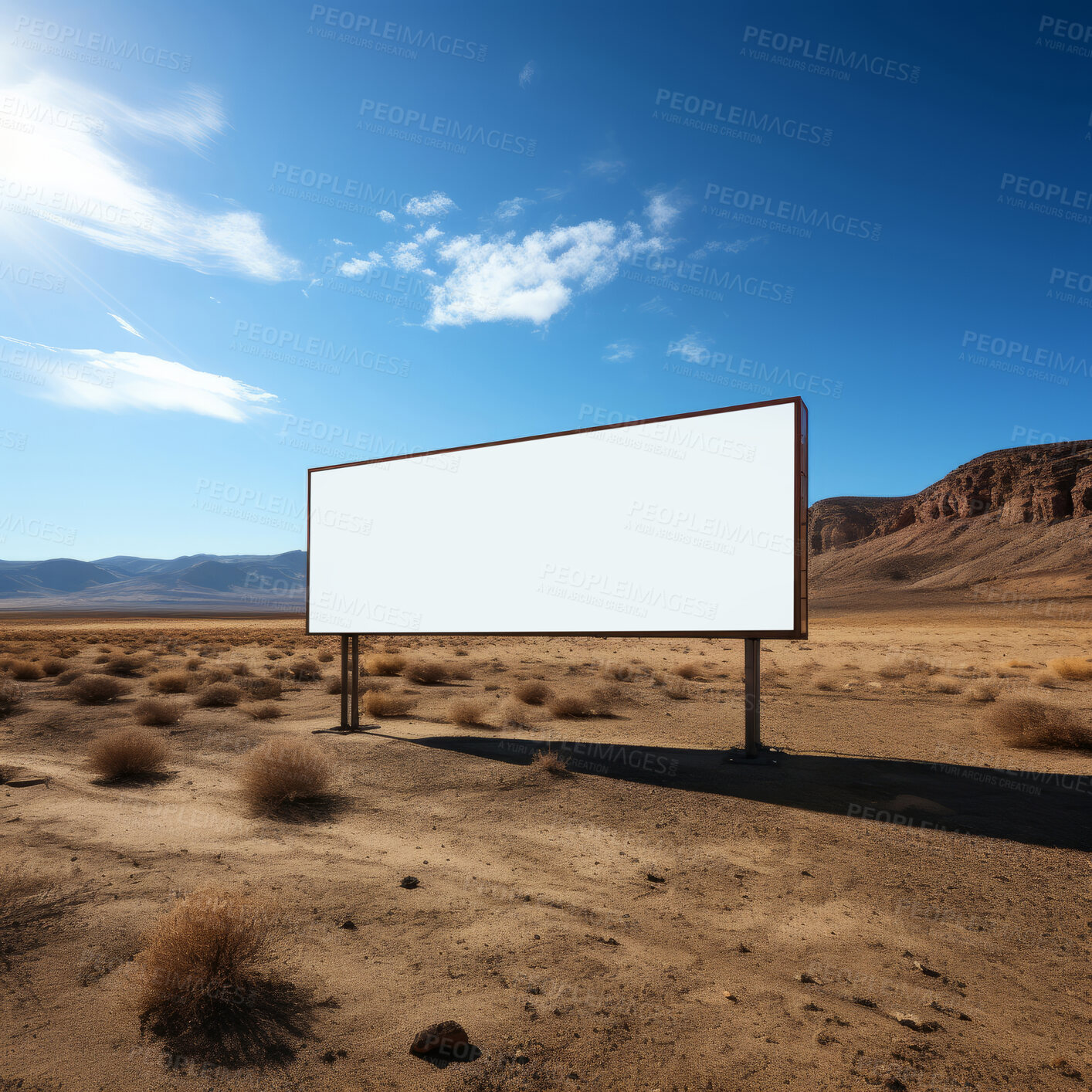 Buy stock photo Desert, mockup space and advertising billboard, commercial product or logo design in dry countryside. Empty poster for brand marketing, multimedia and communication for broadcast,  banner and outdoor