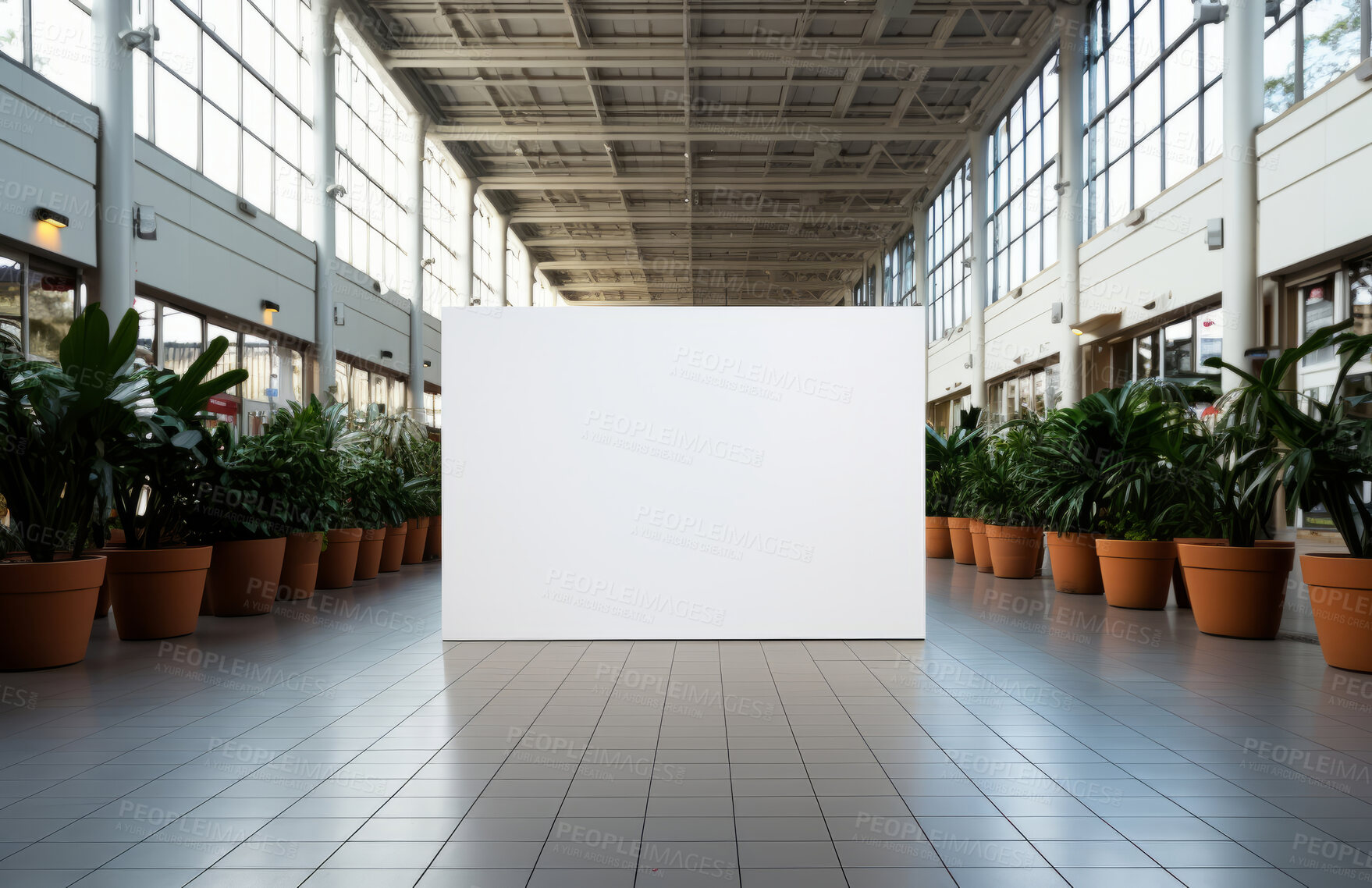 Buy stock photo Screen, mockup space and advertising billboard, commercial product or logo design in large building. Empty poster for brand marketing, multimedia and communication with announcement, and banner.