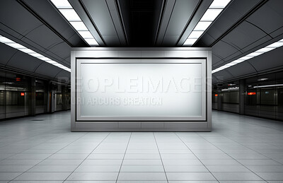 Screen, mockup space and advertising billboard, commercial product or logo design in subway Empty poster for brand marketing, multimedia and communication with announcement, and banner, indoors