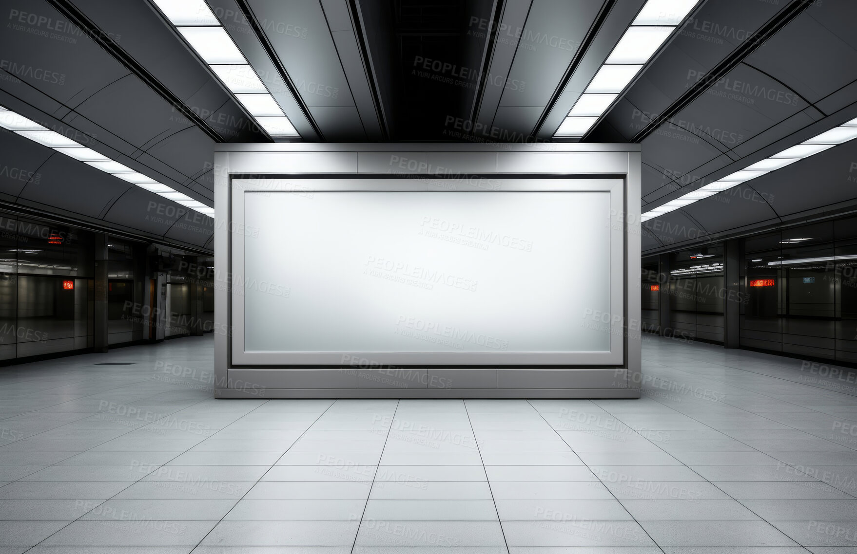 Buy stock photo Screen, mockup space and advertising billboard, commercial product or logo design in subway Empty poster for brand marketing, multimedia and communication with announcement, and banner, indoors