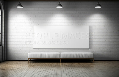 Bench, mockup space and advertising billboard, commercial product or logo design in large room. Empty poster for brand marketing, multimedia and communication with announcement, urban and banner