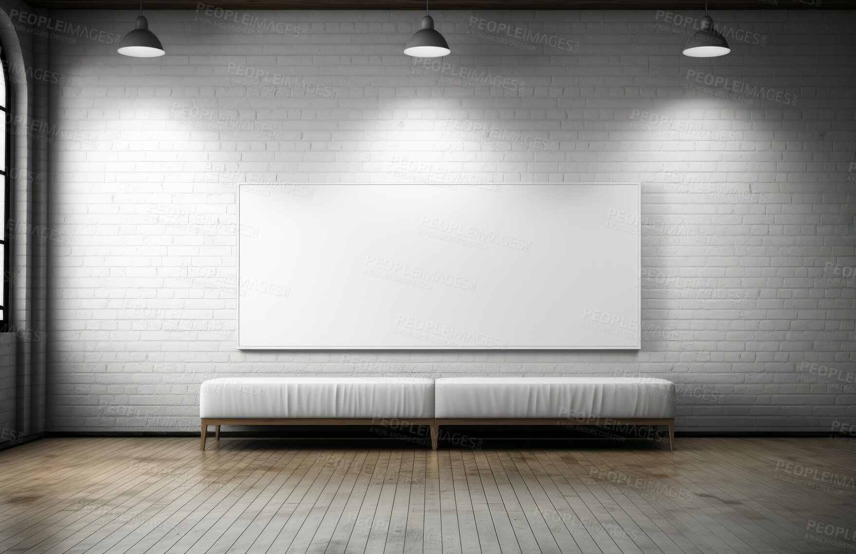 Buy stock photo Bench, mockup space and advertising billboard, commercial product or logo design in large room. Empty poster for brand marketing, multimedia and communication with announcement, urban and banner