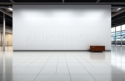 Building, mockup space and advertising billboard, commercial product or logo design in foyer. Empty poster for brand marketing, multimedia and communication with announcement, urban and banner