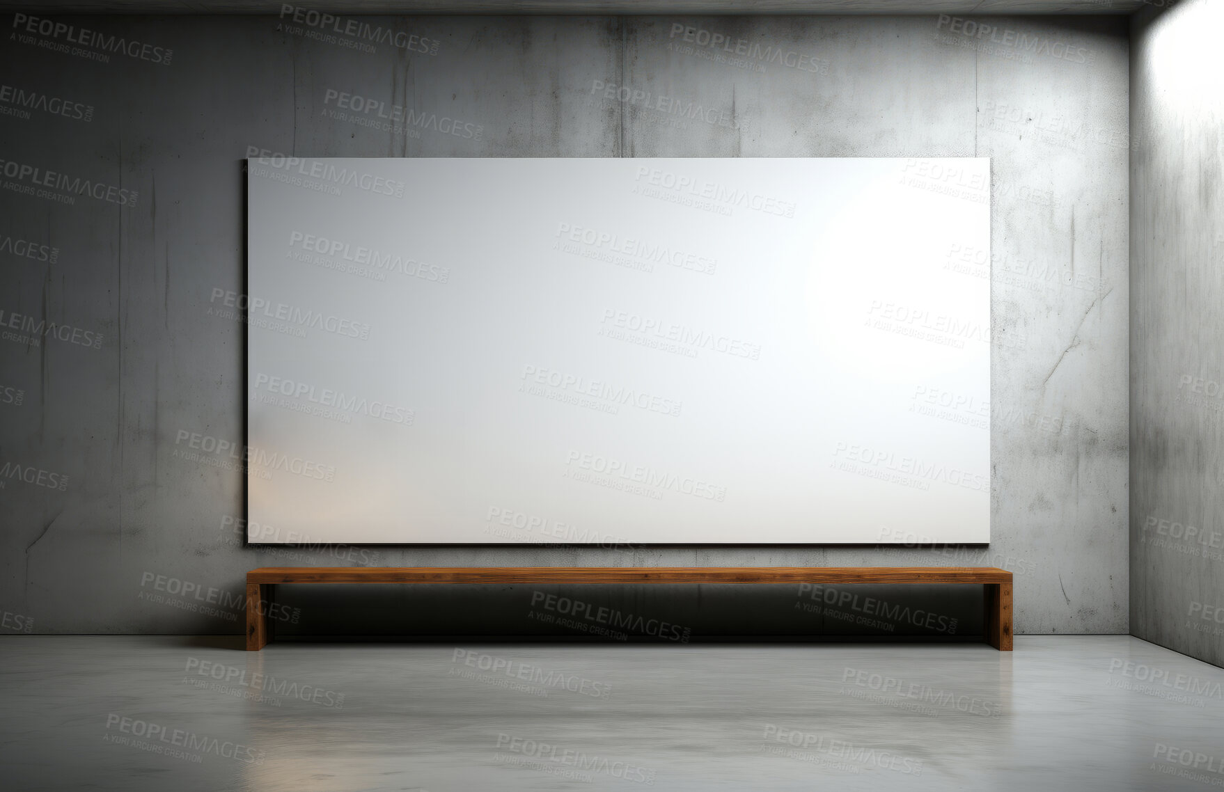 Buy stock photo Bench, mockup space and advertising billboard, commercial product or logo design in large room. Empty poster for brand marketing, multimedia and communication with announcement, urban and banner