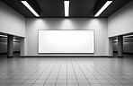 Hall, mockup space and advertising billboard, commercial product or logo design in large room. Empty poster for brand marketing, multimedia and communication with announcement, urban and banner