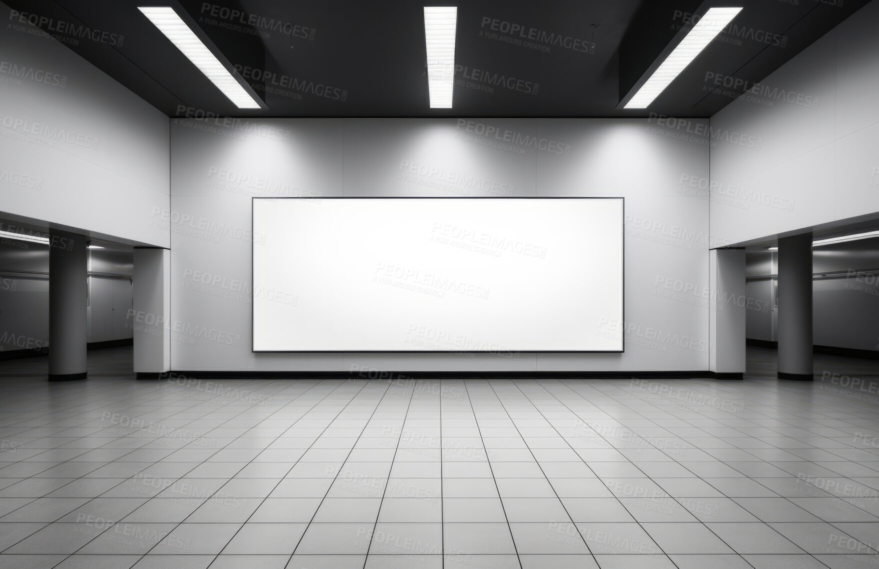 Buy stock photo Hall, mockup space and advertising billboard, commercial product or logo design in large room. Empty poster for brand marketing, multimedia and communication with announcement, urban and banner