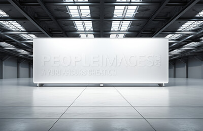Hall, mockup space and advertising billboard, commercial product or logo design in large room. Empty poster for brand marketing, multimedia and communication with announcement, urban and banner