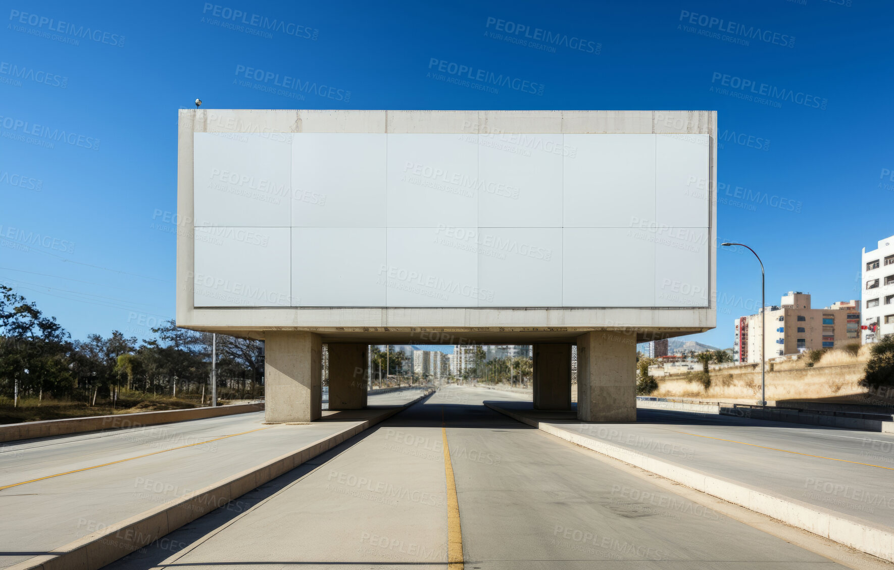 Buy stock photo Highway, mockup space and advertising billboard, commercial product or logo design in urban. Empty poster for brand marketing, multimedia and communication with announcement, town and banner outdoor