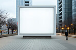 Screen, mockup space and advertising billboard, commercial product or logo design in city. Empty poster for brand marketing, multimedia and communication with announcement, urban and banner outdoor