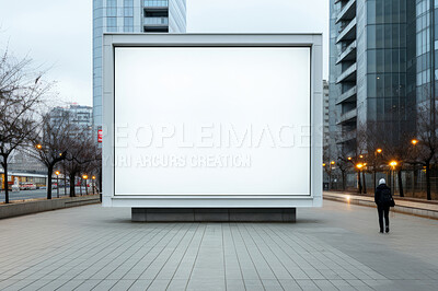 Screen, mockup space and advertising billboard, commercial product or logo design in city. Empty poster for brand marketing, multimedia and communication with announcement, urban and banner outdoor