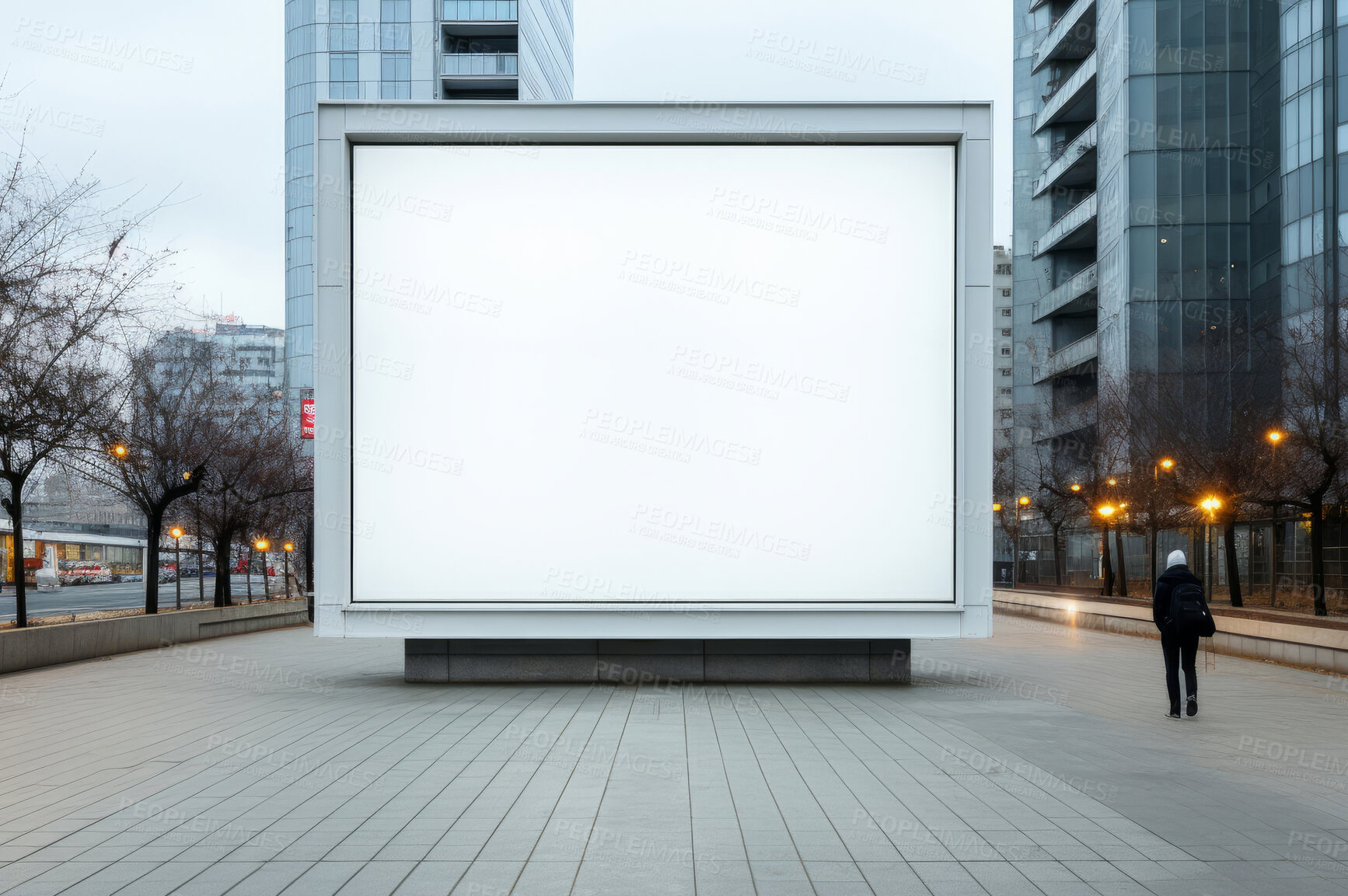 Buy stock photo Screen, mockup space and advertising billboard, commercial product or logo design in city. Empty poster for brand marketing, multimedia and communication with announcement, urban and banner outdoor