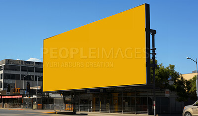 Building, mockup space and advertising billboard, commercial product or logo design in city. Empty poster for brand marketing, multimedia and communication with announcement, urban and banner outdoor