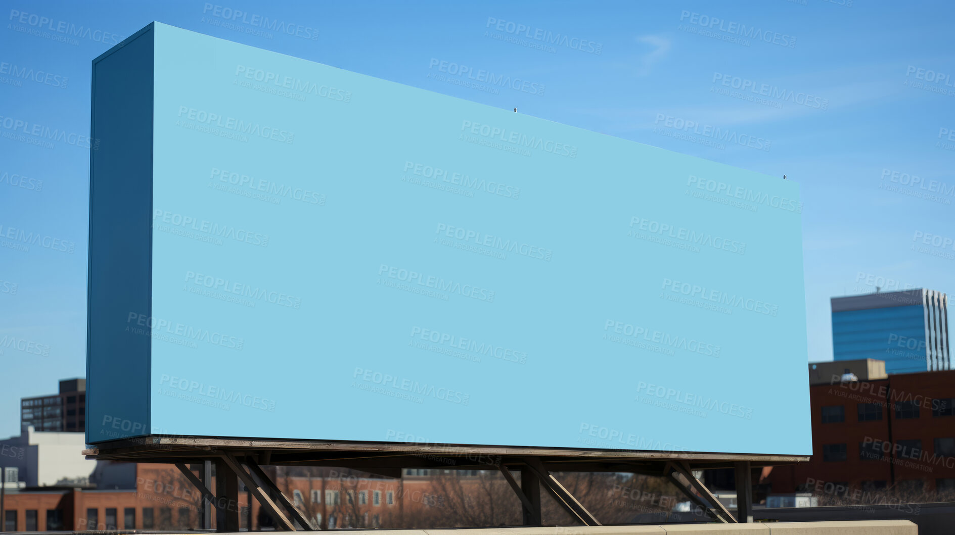 Buy stock photo City, mockup space and advertising billboard, commercial product or logo design in urban. Empty poster for brand marketing, multimedia and communication with announcement, buildings and banner outdoor