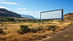 Desert, mockup space and advertising billboard, commercial product or logo design in dry countryside. Empty poster for brand marketing, multimedia and communication for broadcast,  banner and outdoor