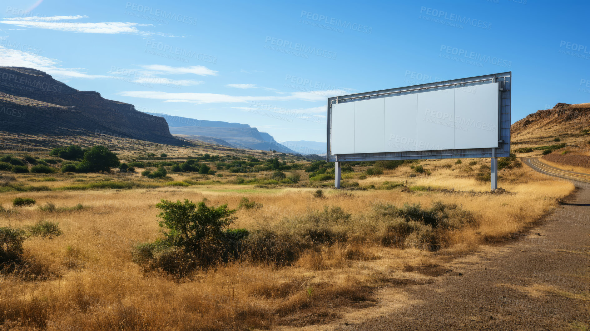 Buy stock photo Desert, mockup space and advertising billboard, commercial product or logo design in dry countryside. Empty poster for brand marketing, multimedia and communication for broadcast,  banner and outdoor