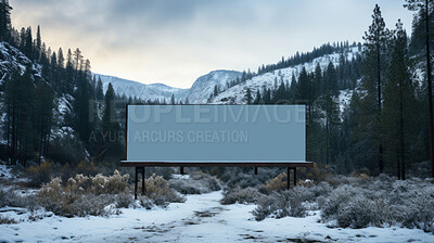 Snow, mockup space and advertising billboard, commercial product or logo design in forest. Empty poster for brand marketing, multimedia and communication with announcement, winter and banner outdoor