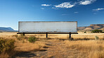 Desert, mockup space and advertising billboard, commercial product or logo design in dry countryside. Empty poster for brand marketing, multimedia and communication for broadcast,  banner and outdoor