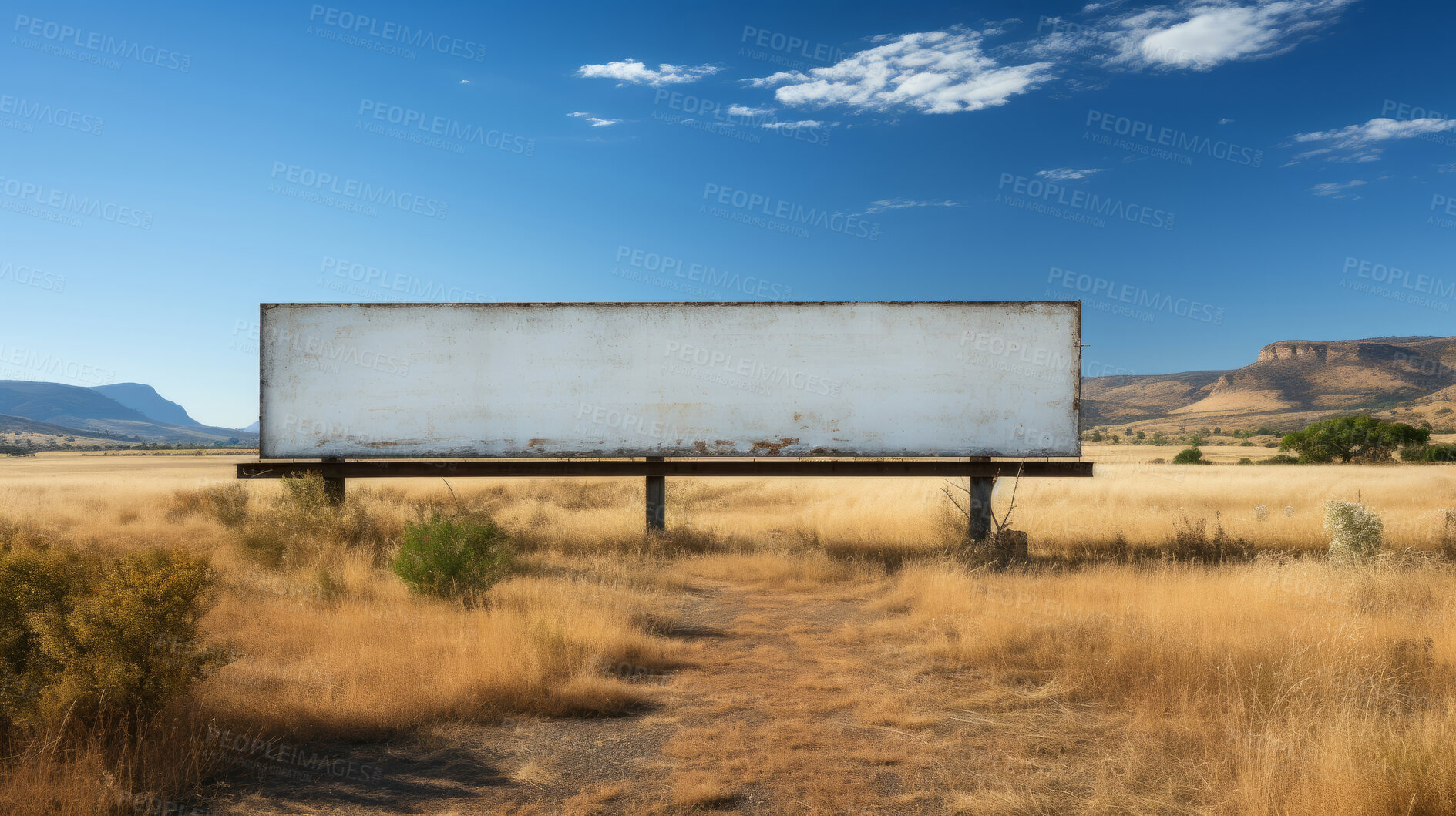 Buy stock photo Desert, mockup space and advertising billboard, commercial product or logo design in dry countryside. Empty poster for brand marketing, multimedia and communication for broadcast,  banner and outdoor