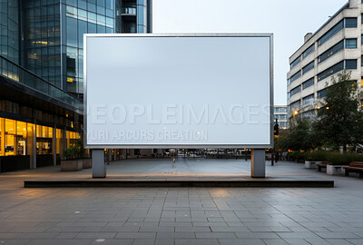 City, mockup space and advertising billboard, commercial product or logo design in urban. Empty poster for brand marketing, multimedia and communication with broadcast, buildings and banner outdoor