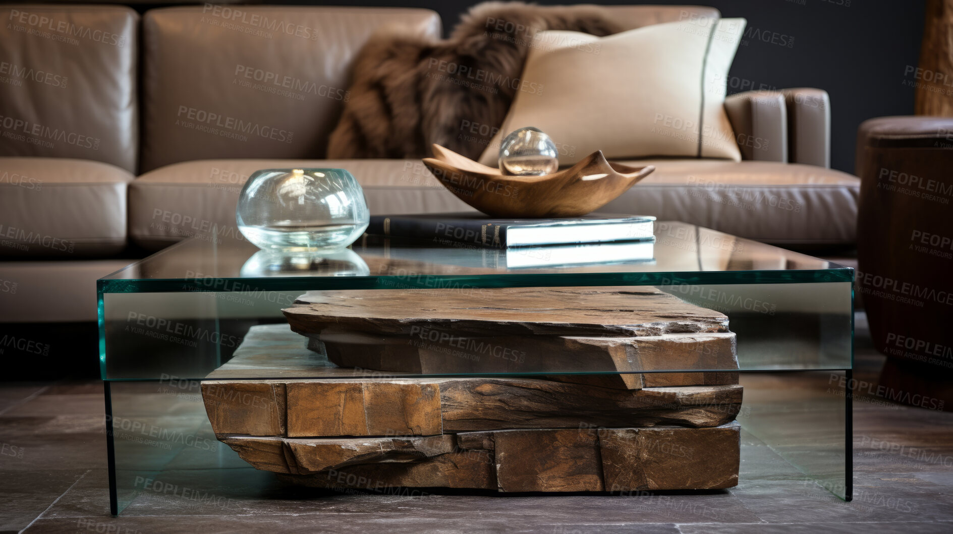 Buy stock photo Furniture, designer and modern coffee table made of glass in living room for apartment, hotel and home. Creative, innovation and lifestyle mockup with texture for luxury, stylish and decorative ideas