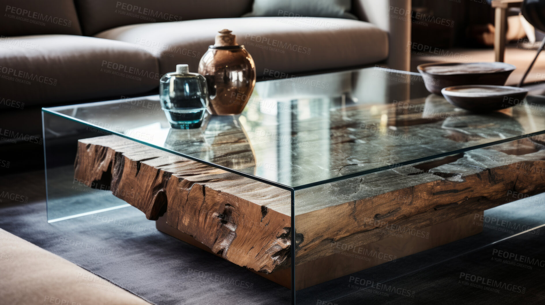 Buy stock photo Furniture, designer and modern coffee table made of glass in living room for apartment, hotel and home. Creative, innovation and lifestyle mockup with texture for luxury, stylish and decorative ideas