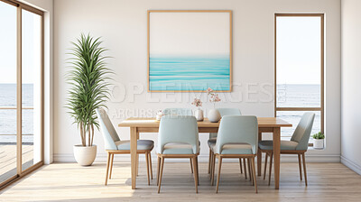 Furniture, dining room and modern table with wood chairs for apartment, hotel and home picture frame. Creative, interior design and mockup poster space for restaurant, dinner and decor inspiration
