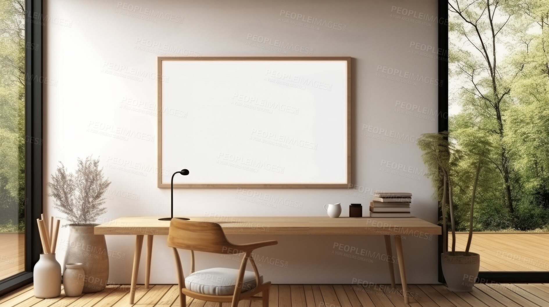 Buy stock photo Furniture, private office and modern desk or table made of wood for apartment, hotel and home. Creative, innovation and lifestyle mockup with texture for professional, business and remote working