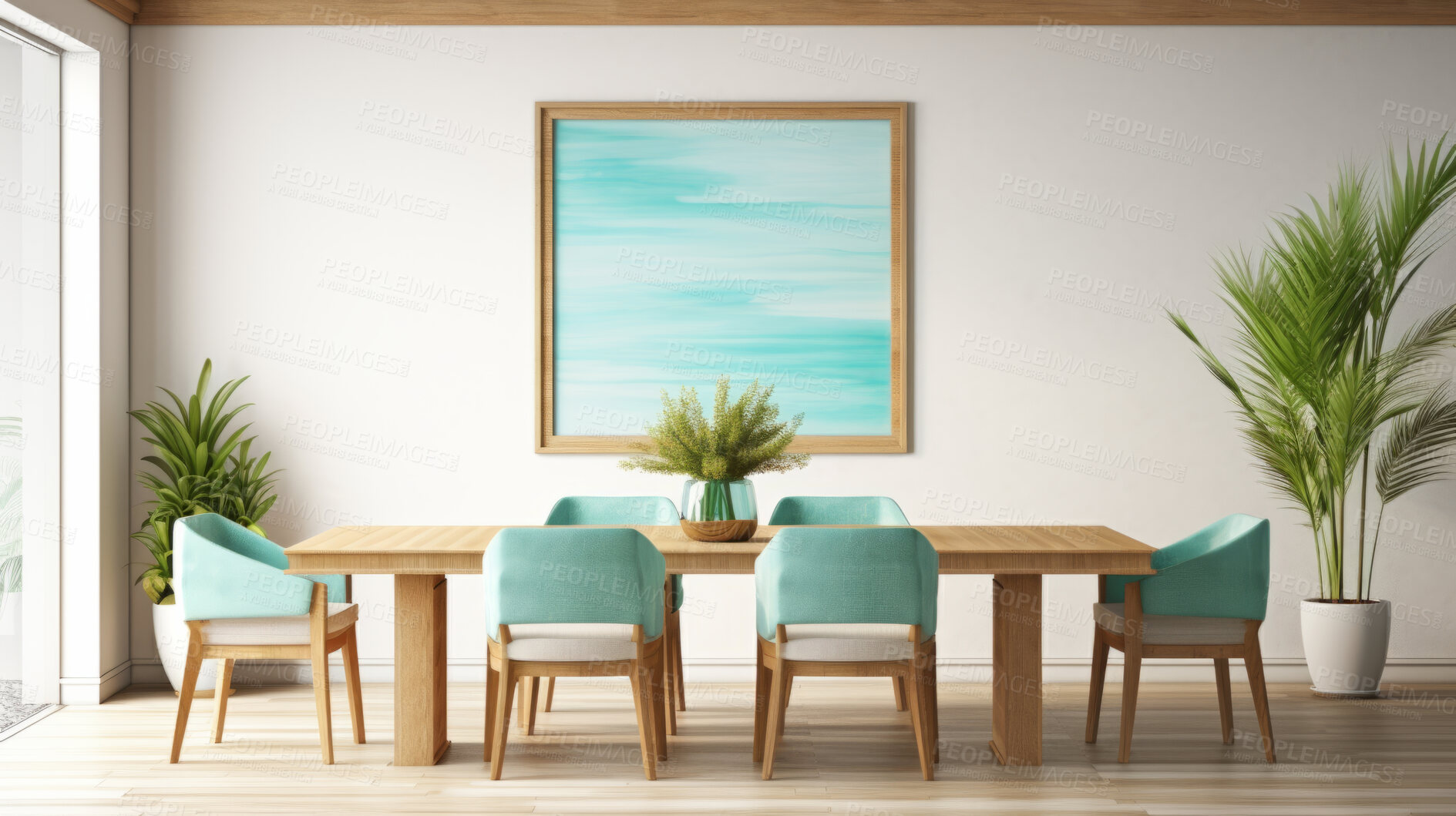 Buy stock photo Furniture, dining room and modern table with wood chairs for apartment, hotel and home picture frame. Creative, interior design and mockup poster space for restaurant, dinner and decor inspiration