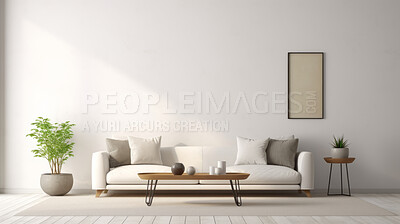 Living room, chair and home interior design with blank wall for apartment design and lifestyle. Cozy, modern and luxury furniture mockup space for text or frame for ideas and architecture inspiration